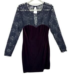 Bisou‎ Bisou Burgundy Velvet Black Lace Long Sleeve Dress Dark Feminine Goth 12